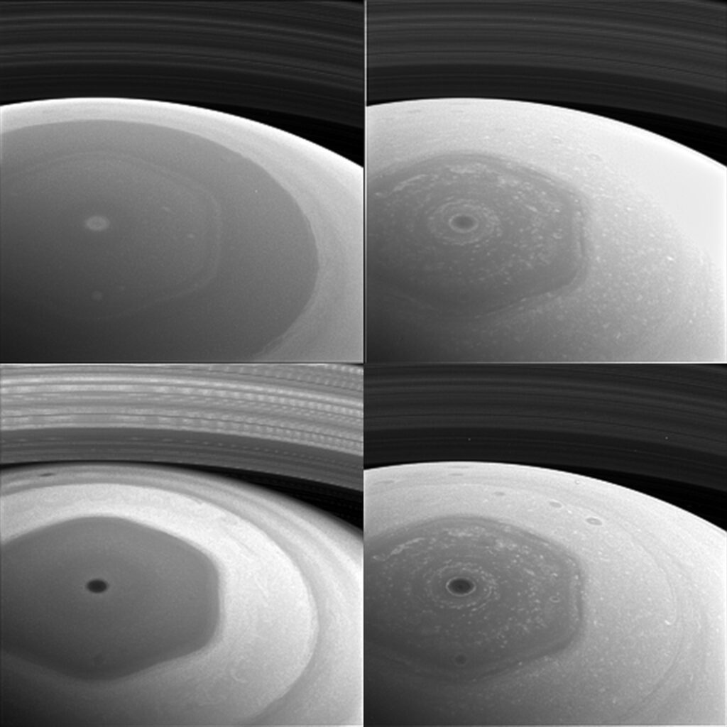 This collage of images from NASA's Cassini spacecraft shows Saturn's northern hemisphere and rings as viewed with four different spectral filters. Each filter is sensitive to different wavelengths of light and reveals clouds and hazes at different altitudes. Clockwise from top left, the filters used are sensitive to violet (420 nanometers), red (648 nanometers), near-infrared (728 nanometers) and infrared (939 nanometers) light. The image was taken with the Cassini spacecraft wide-angle camera on Dec. 2, 2016, at a distance of about 400,000 miles (640,000 kilometers) from Saturn. Image scale is 95 miles (153 kilometers) per pixel. Image Credit: NASA/JPL-Caltech/Space Science Institute