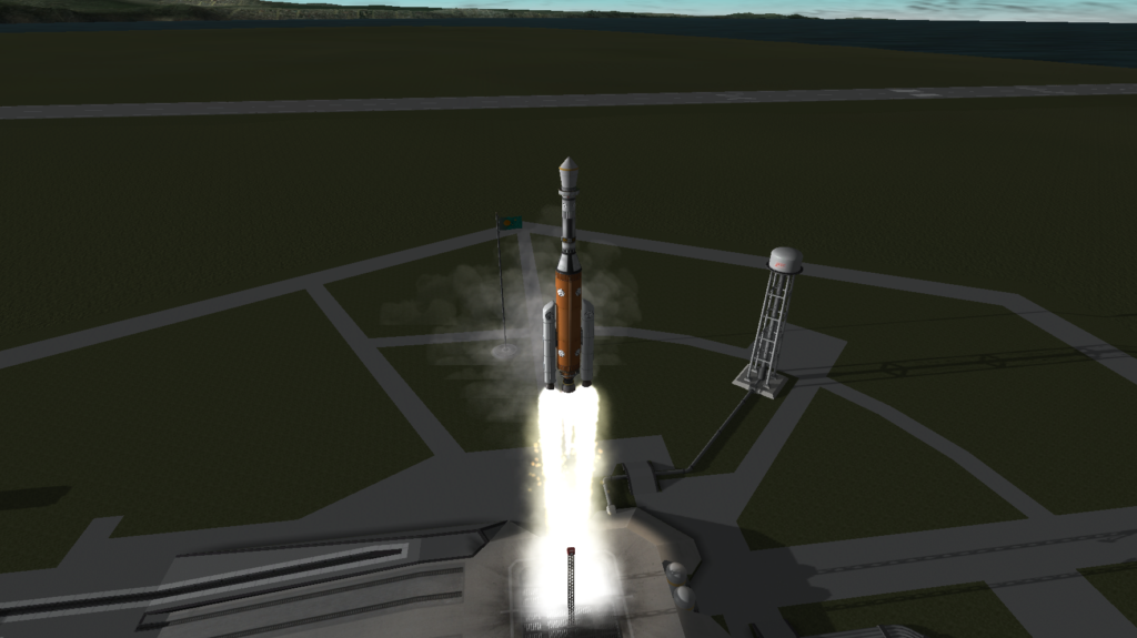 Launching a rocket in Kerbal Space Program.