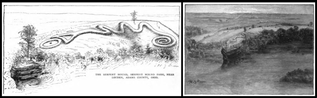 Illustrations of Serpent Mound from an 1890 article by Frederic Ward Putnam in The Century magazine.