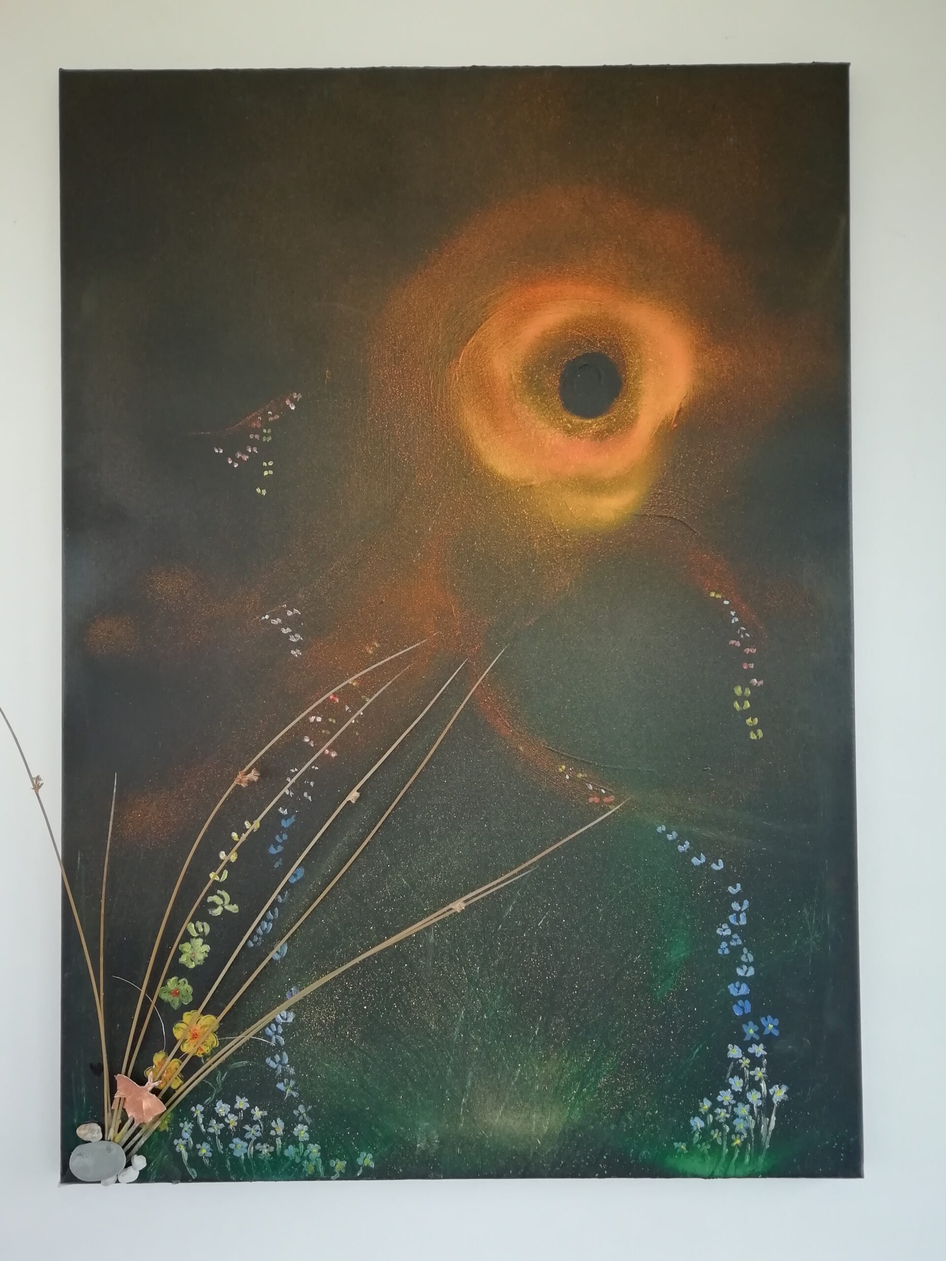 Black Hole Painting - Acrylics, Soft Pastel, Copper, Stone and Bog rushes on Canvas. 18 inch W X 28 inch L - Highly Textured Black Hole Painting - Acrylics, Soft Pastel, Copper, Stone and Bog rushes on Canvas. 18 inch W X 28 inch L Highly textured.