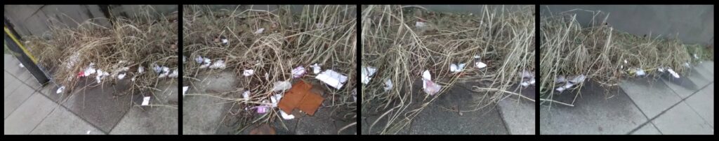 A roadside collection of used take-out food containers.