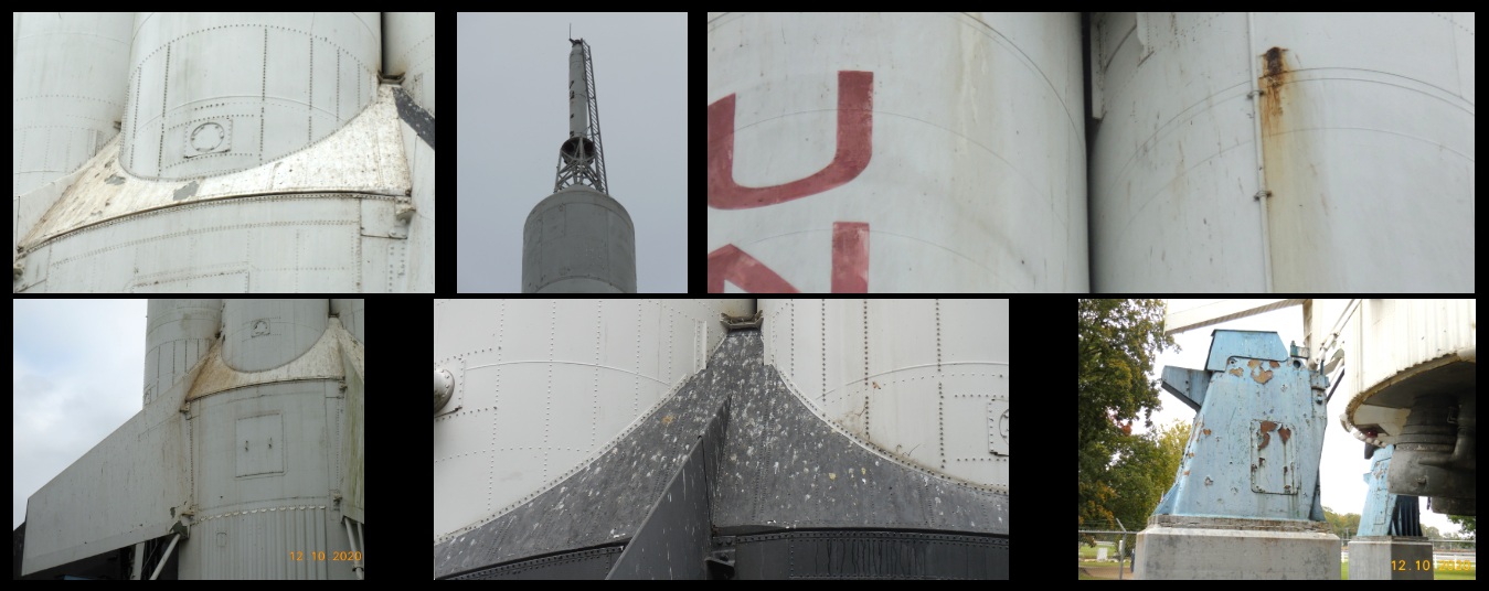 Even a famed rocket can suffer from rust, peeling paint, and bird droppings. The ladder atop the Saturn is interesting (top center). I could never figure out how anyone would get to the ladder in the first place.