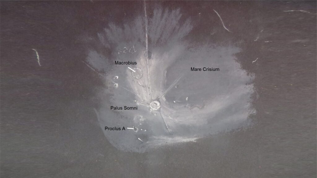 This is the rotated view of my drawing of Proclus crater on the moon - soft pastels and conte. 200 mm dob/8mm eyepiece /150X 20:00 UT - 20:45 UT 3/12/2006