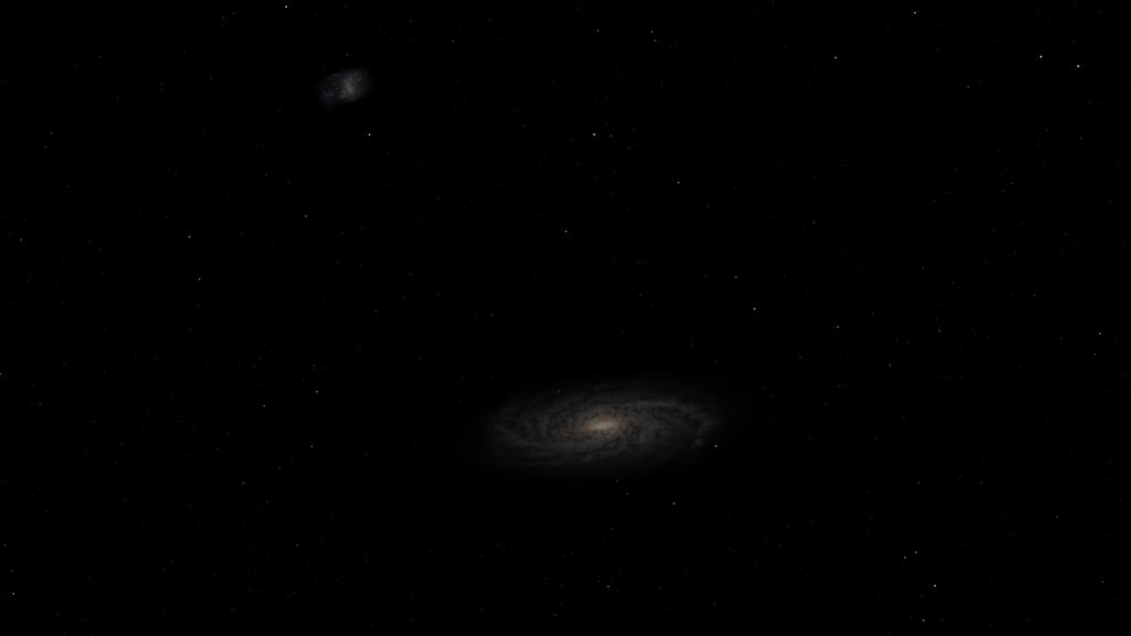 Artist's concept of a telescopic view of the Milky Way galaxy and LMC seen from the Andromeda galaxy