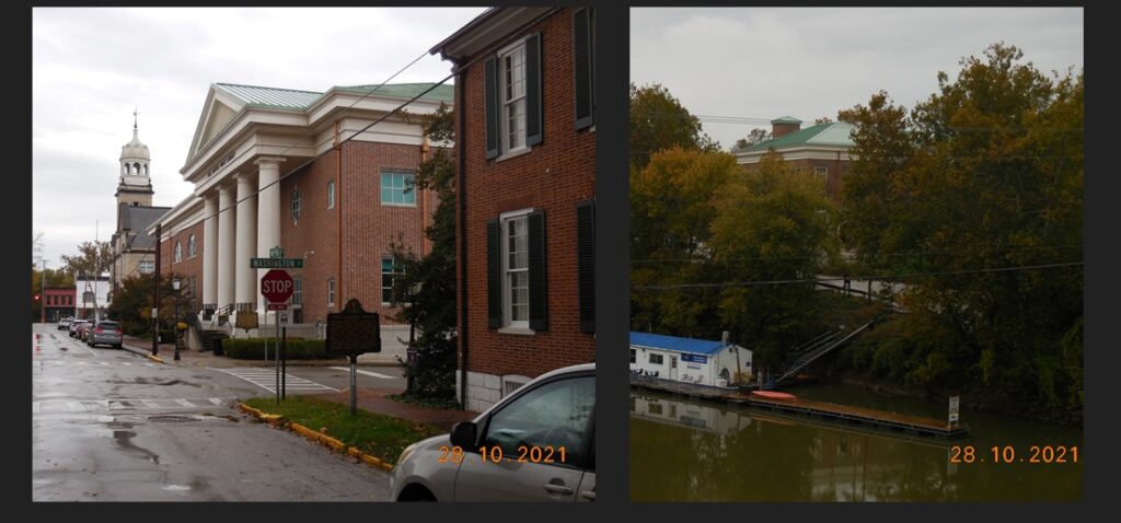 Left: The Frankfort Public Library. Right: The Library backs up onto the Kentucky River in Frankfort, and the window looks out toward the river.