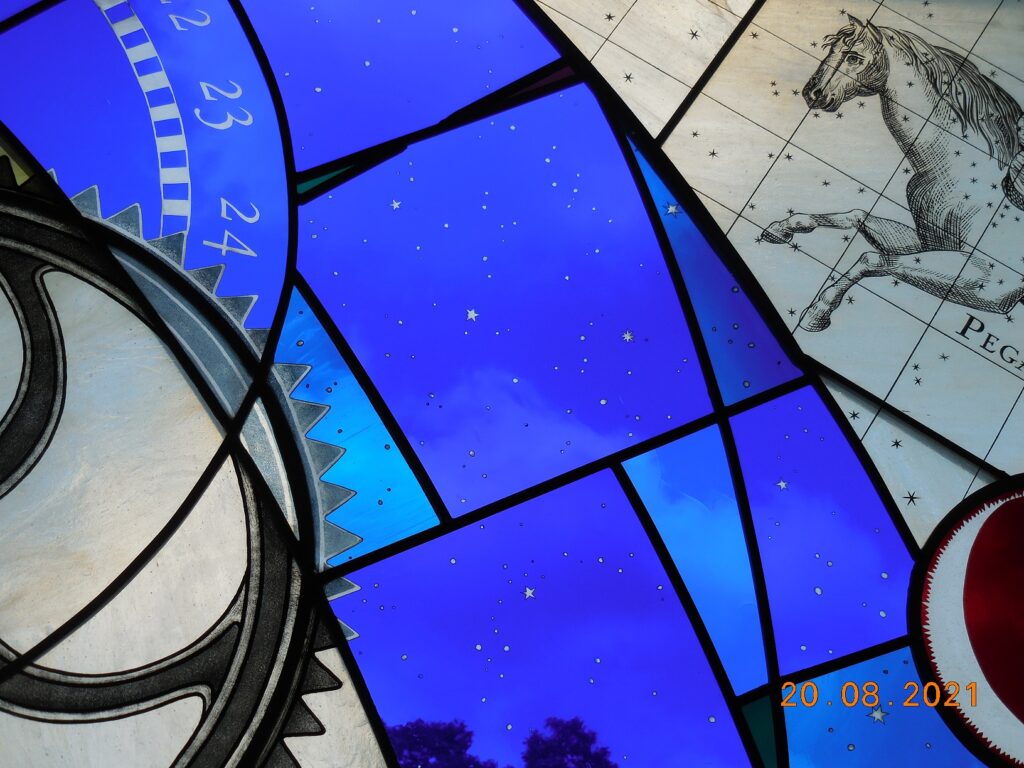 Click on the image to enlarge. Kentucky is horse country, so of course the constellation Pegasus will feature in the window.