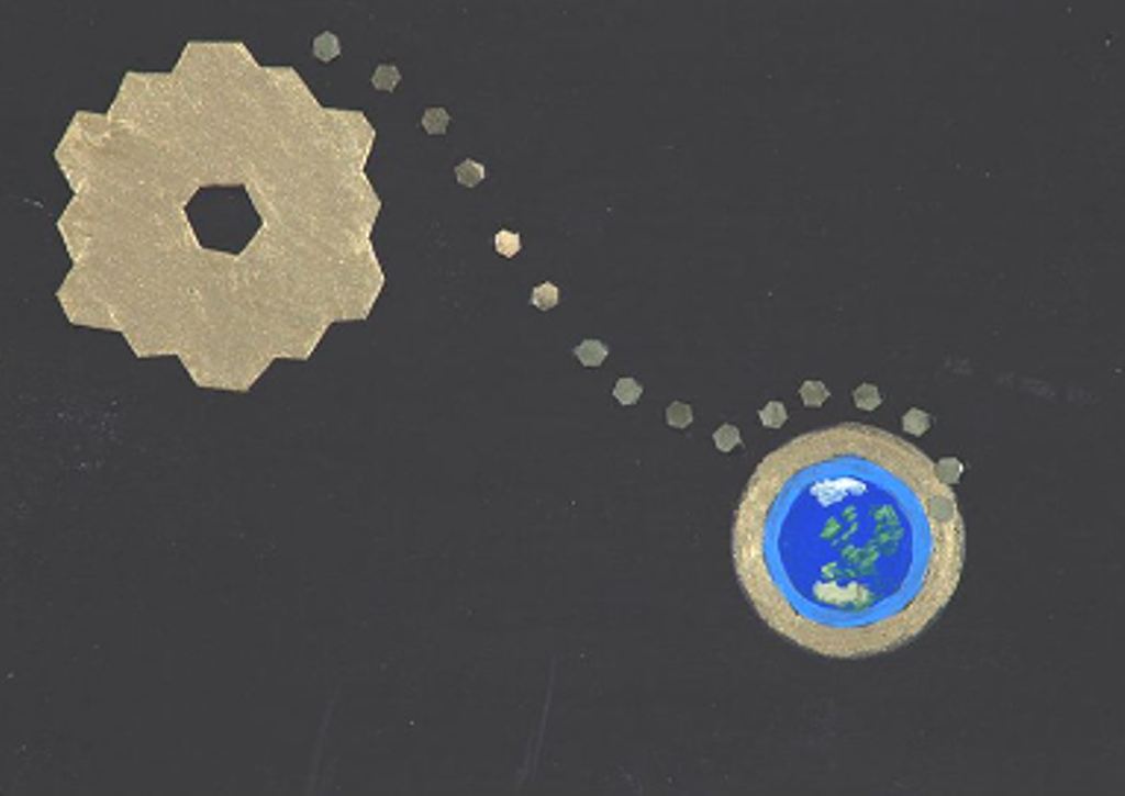 A tiny painting inspired by The James Webb Space Telescope. Its data transfare is via hexagon shaped packages to Earth.
