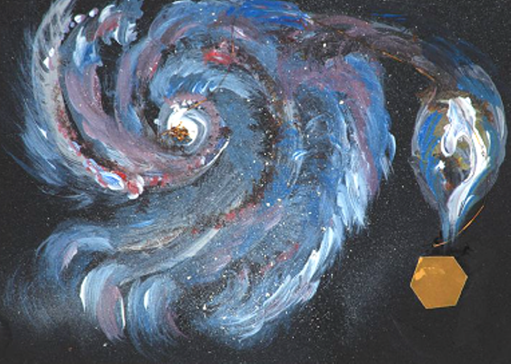 In this mini painting the data is coming from the centre of the Whirlpool Galaxy. A copper wire feeds the data to the telescope. Its a surreal representation in acrylic and copper