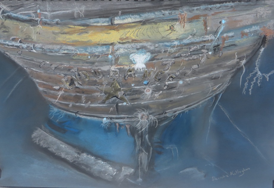 My drawing of Endurance as she was found under the Weddell Sea. Pastels on paper. 16X12 inches